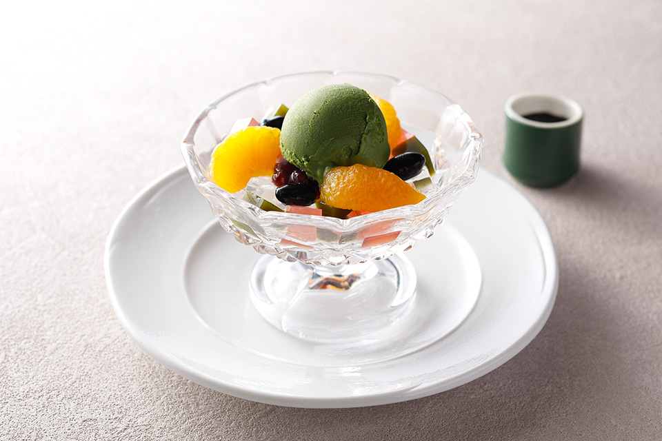 ゆず豆カン　抹茶アイスクリーム添え