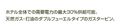 ホテル全体での需要電力の最大30％供給可能。天然ガス・灯油のダブルフューエルタイプのガスタービン。